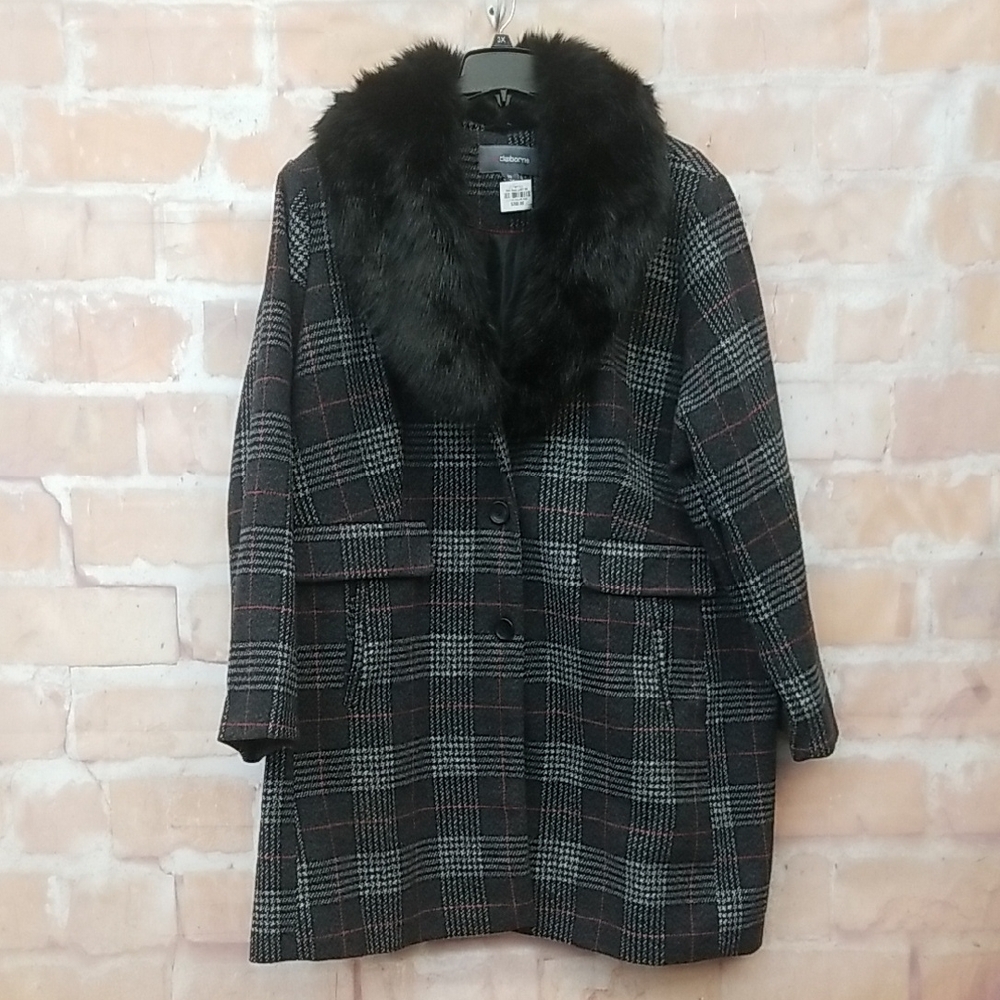 NWT Liz Claiborne Size 3X  Black Plaid Pea Coat with Faux Fur Collar